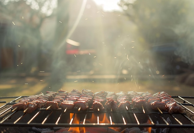 Carne suculenta cozida numa grelha em chamas, perfeita para piqueniques de verão e festas ao ar livre.