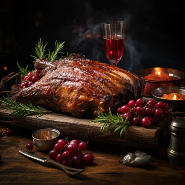 Foto una carne en una tabla de cortar con uvas y un vaso de vino