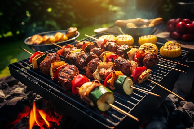 carne y verduras a la parrilla en una parrilla de barbacoa