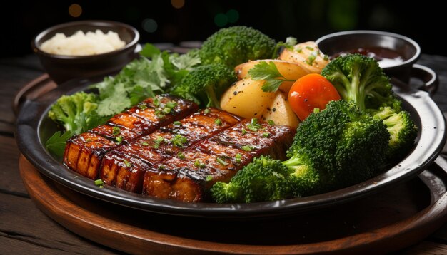 Foto carne y verduras a la parrilla en un plato de madera rústico generado por ia