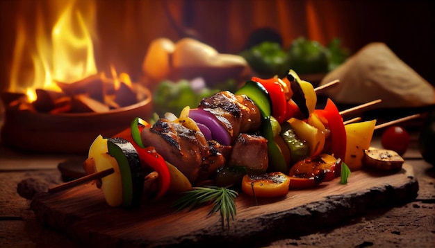 Carne y verduras a la parrilla en una tabla de roble