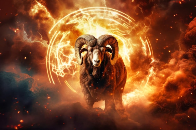 Un carnero se encuentra con confianza en el centro de un cielo lleno de nubes esponjosas que muestran el símbolo del signo del zodiaco de Aries