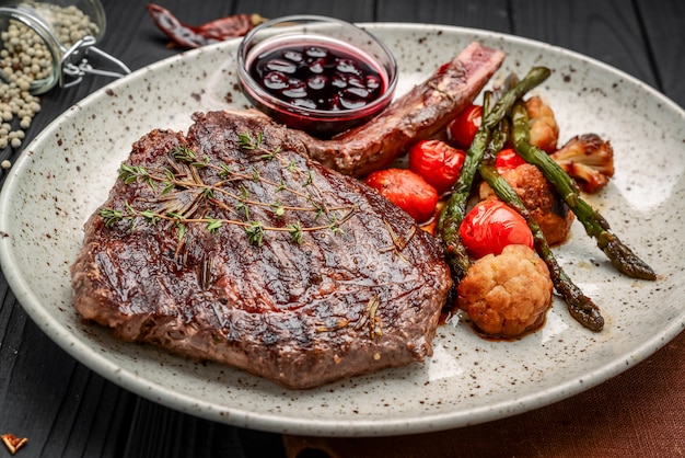 Carnes a la brasa y verduras en mesa de madera rústica