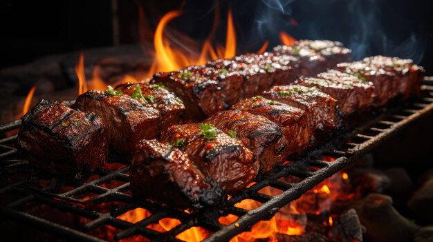 carnes cocinadas en una parrilla con fuego