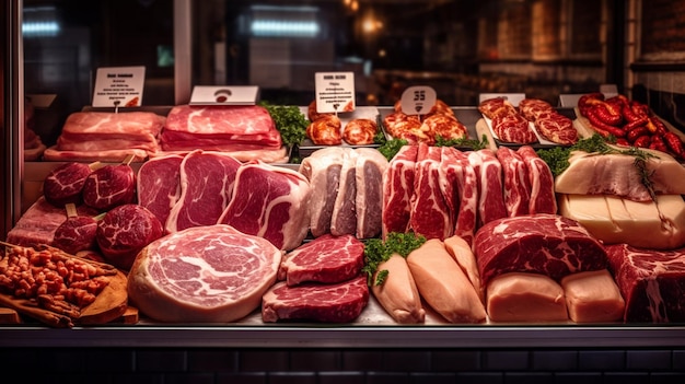 Carnes e carnes expostas em um açougue