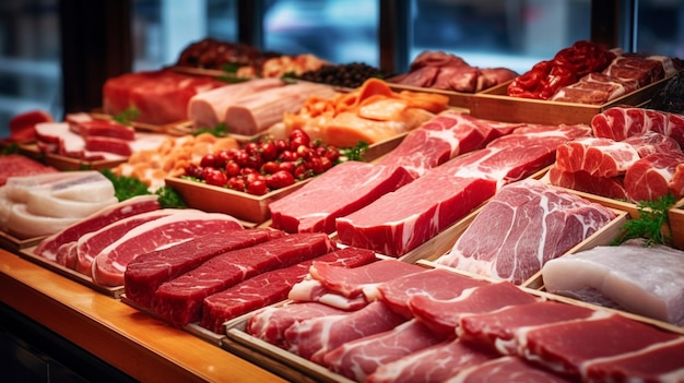 Carnes e carnes expostas em um açougue