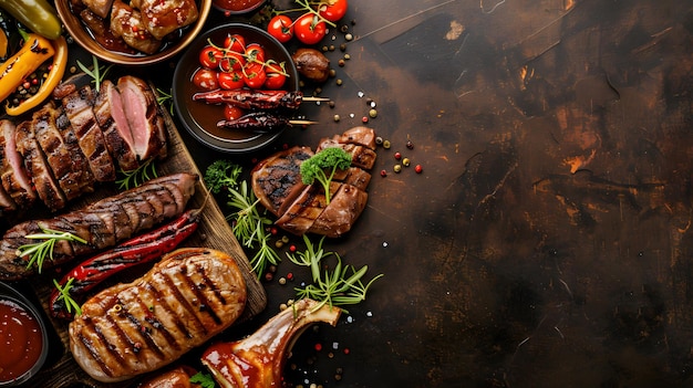 Carnes e legumes grelhados com vários molhos em uma mesa rústica