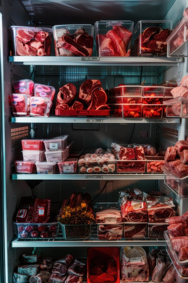 Carnes frescas variadas expuestas en un refrigerador de carnicero bien abastecido con varios cortes y preparaciones