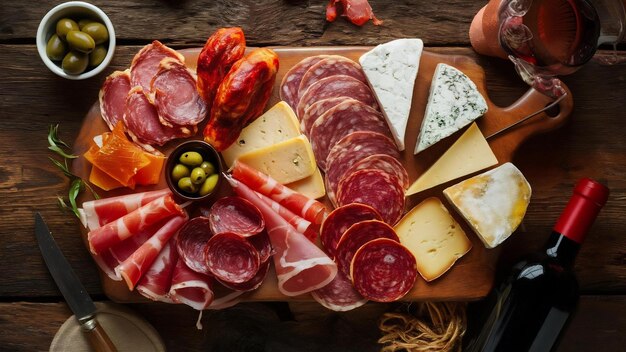 Carnes frias espanholas embutidos salsicha de queijo e presunto em mesa de madeira