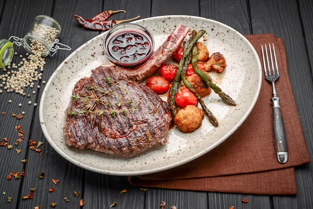 Carnes grelhadas e legumes na mesa de madeira rústica