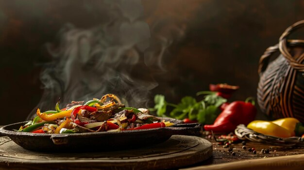 Carnes grelhadas e pimentas vibrantes em um prato de fajita com fundo limpo