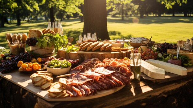 Carnes planas y galletas sobre mesa de pastoreo al aire libre