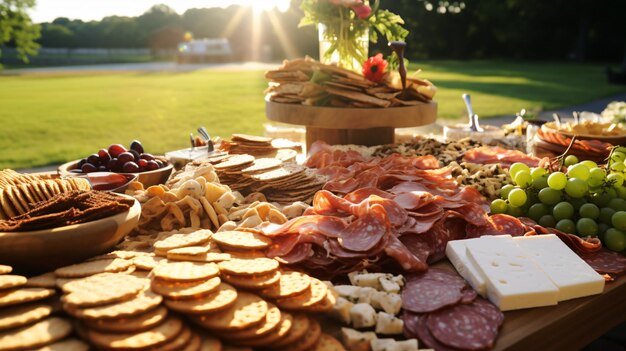 Carnes planas y galletas sobre mesa de pastoreo al aire libre