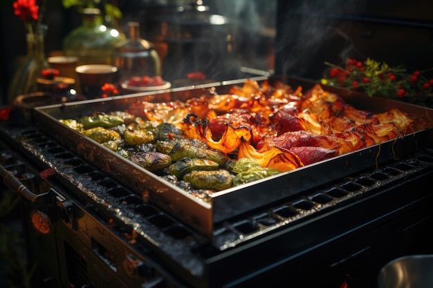 Carnes suculentas en la parrilla barbacoa de carbón y una tarde de domingo con la familia generativa IA