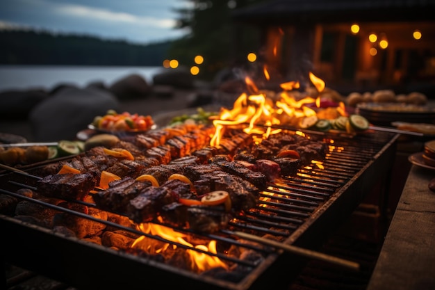 Carnes suculentas en la parrilla llamas brillantes y una barbacoa en el borde de un lago tranquilo generativo IA