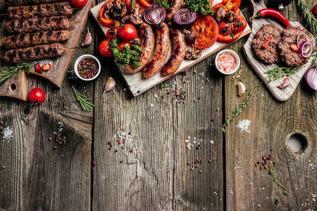 Carnes y verduras a la parrilla en la mesa de madera. Menú barbacoa. banner, menú, lugar de receta para texto, vista superior.