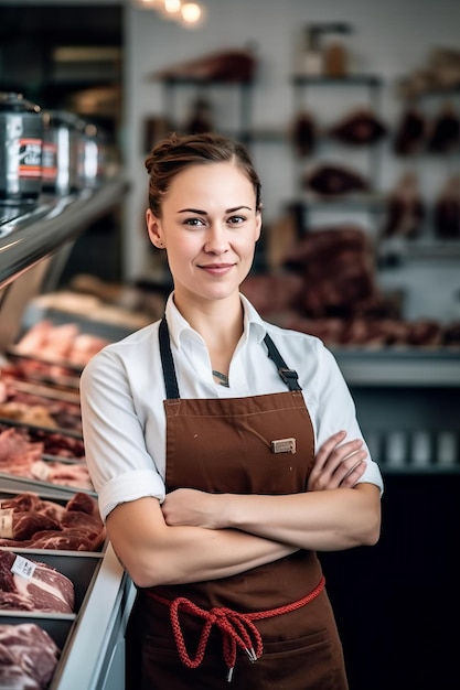 Una carnicera feliz de pie con los brazos cruzados en una tienda de carne moderna