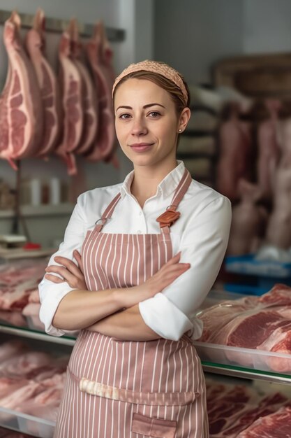 Una carnicera feliz de pie con los brazos cruzados en una tienda de carne moderna