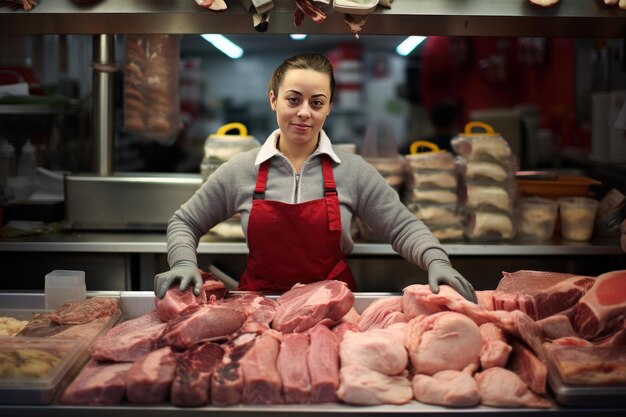 Foto carnicera segura en el mostrador del mercado de carne