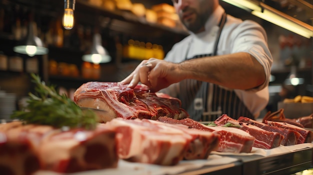 Foto un carnicero con un abrigo blanco y un delantal selecciona cuidadosamente un corte de carne de una gran exhibición de carne fresca