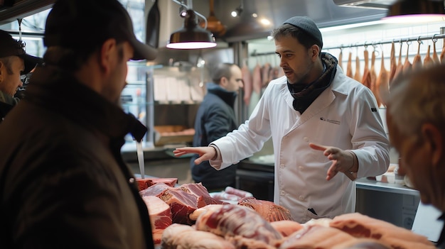 Foto un carnicero con un abrigo blanco y sombrero negro hace gestos con las manos mientras habla con un cliente. está de pie en una carnicería rodeado de carne.