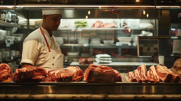 Foto un carnicero con abrigo blanco y sombrero está seleccionando cuidadosamente un corte de carne de una vitrina refrigerada