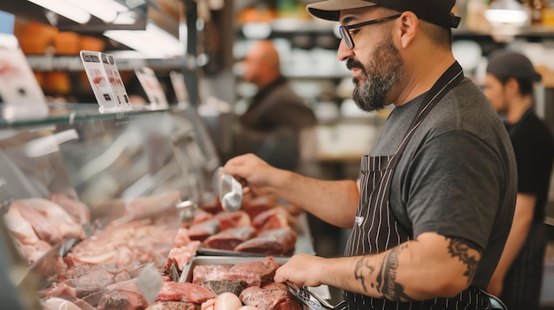 El carnicero barbudo con gafas y delantal selecciona cuidadosamente un corte de carne de la vitrina refrigerada