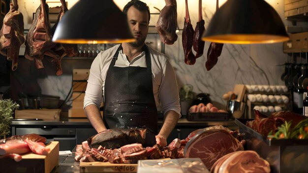 Foto un carnicero con una camisa blanca y un delantal negro está detrás de un mostrador cortando una gran pieza de carne