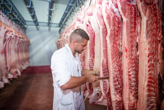 Carnicero carnicero profesional con cuchillo picador en la industria de procesamiento de carne.