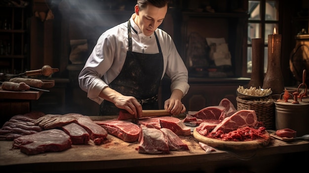 Carnicero cortando carne en la mesa