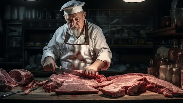 Carnicero cortando carne en la mesa