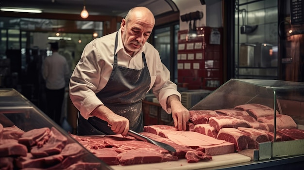 Foto un carnicero cortando carne