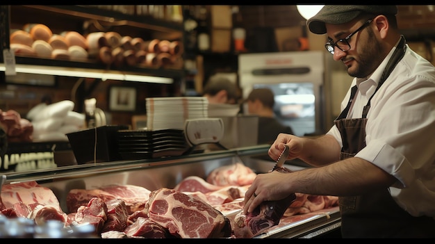 Foto un carnicero con un delantal blanco y gafas corta una gran pieza de carne en un mostrador de acero