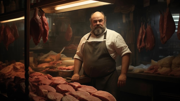 Foto carnicero en delantal detrás del mostrador con filete y salchichas en una carnicería tradicional