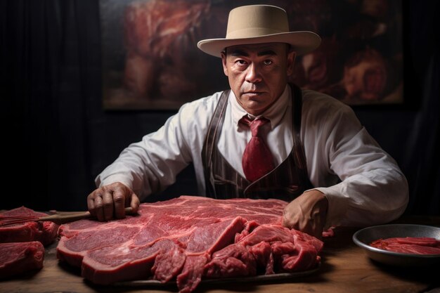 Foto un carnicero de época preparando carne en una mesa de madera