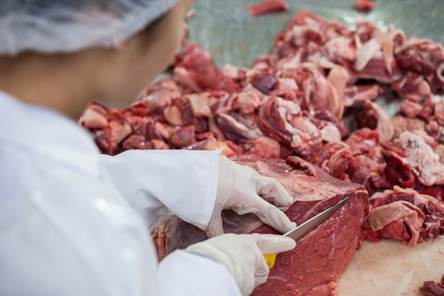 Carnicero hembra cortando carne en fábrica de carne