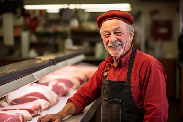 Carnicero masculino de mediana edad Sonrisa amistosa en el lugar de trabajo