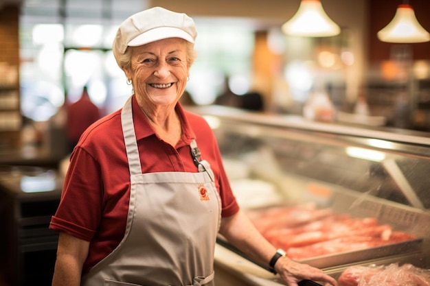 Carnicero mujer Senior sonrisa amigable fondo de trabajo