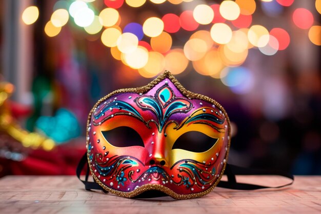 Carnival Charm máscaras coloridas elegantemente dispuestas en una mesa festiva creando una atmósfera de alegría