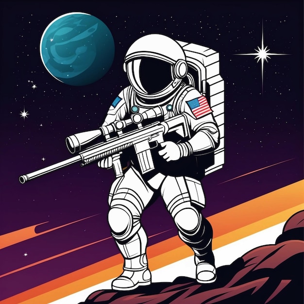 Caro astronauta guerreiro militar segurando uma arma de atirador