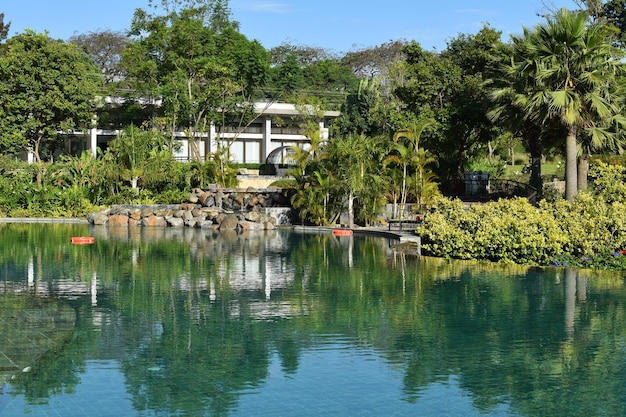 caro hotel de luxo com piscina sob o pôr do sol de palmeiras em hotel de luxo nos trópicos