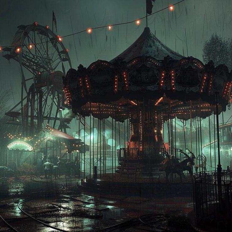 Foto carousel abandonado assustador em uma floresta assombrada com atmosfera fantasmagórica e iluminação assustadora