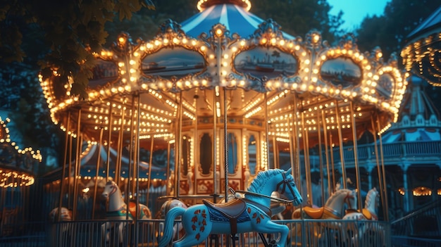 Foto carousel para crianças em um parque de diversões à noite e iluminação noturna parque de divertimentos à noite parque de distracções imagem para o fundo