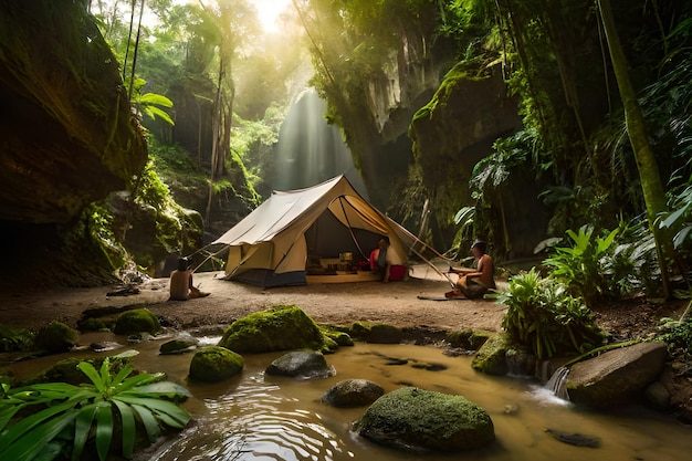 Una carpa en un bosque con una cascada al fondo