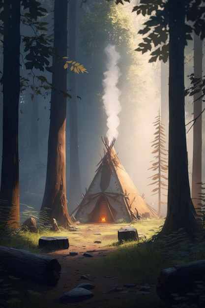 Una carpa en el bosque con un fuego cerca y algunas rocas y árboles a su alrededor ilustración digital