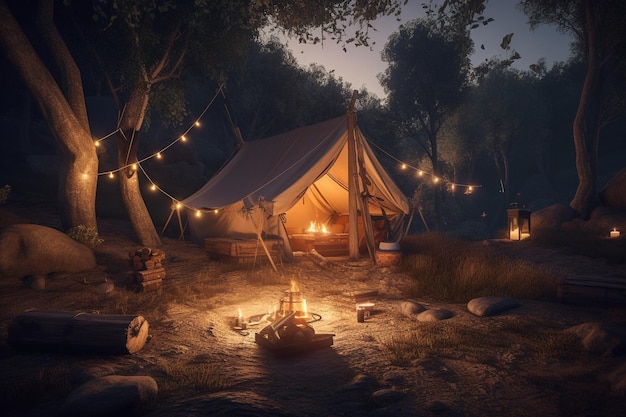 Una carpa en un bosque con luces colgando del techo