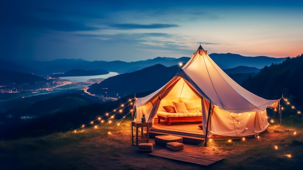 Carpa de campamento de lujo con accesorios acogedores guirnaldas ligeras y un hermoso paisaje al atardecer