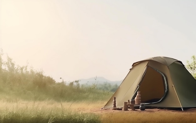 Una carpa en el campo con una montaña al fondo