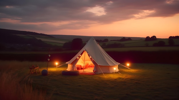 Una carpa en un campo con una puesta de sol de fondo