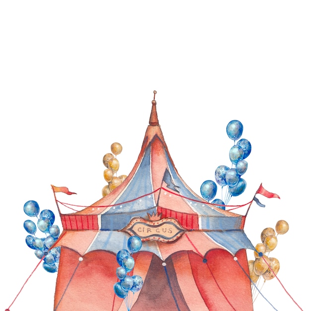 Carpa de circo acuarela con banderas, guirnaldas y globos de fiesta aislado sobre fondo blanco.